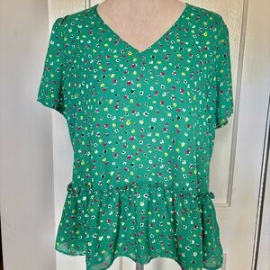 Pleione Green Blouse Red Yellow Black Floral Design Short Sleeve Top Size Large